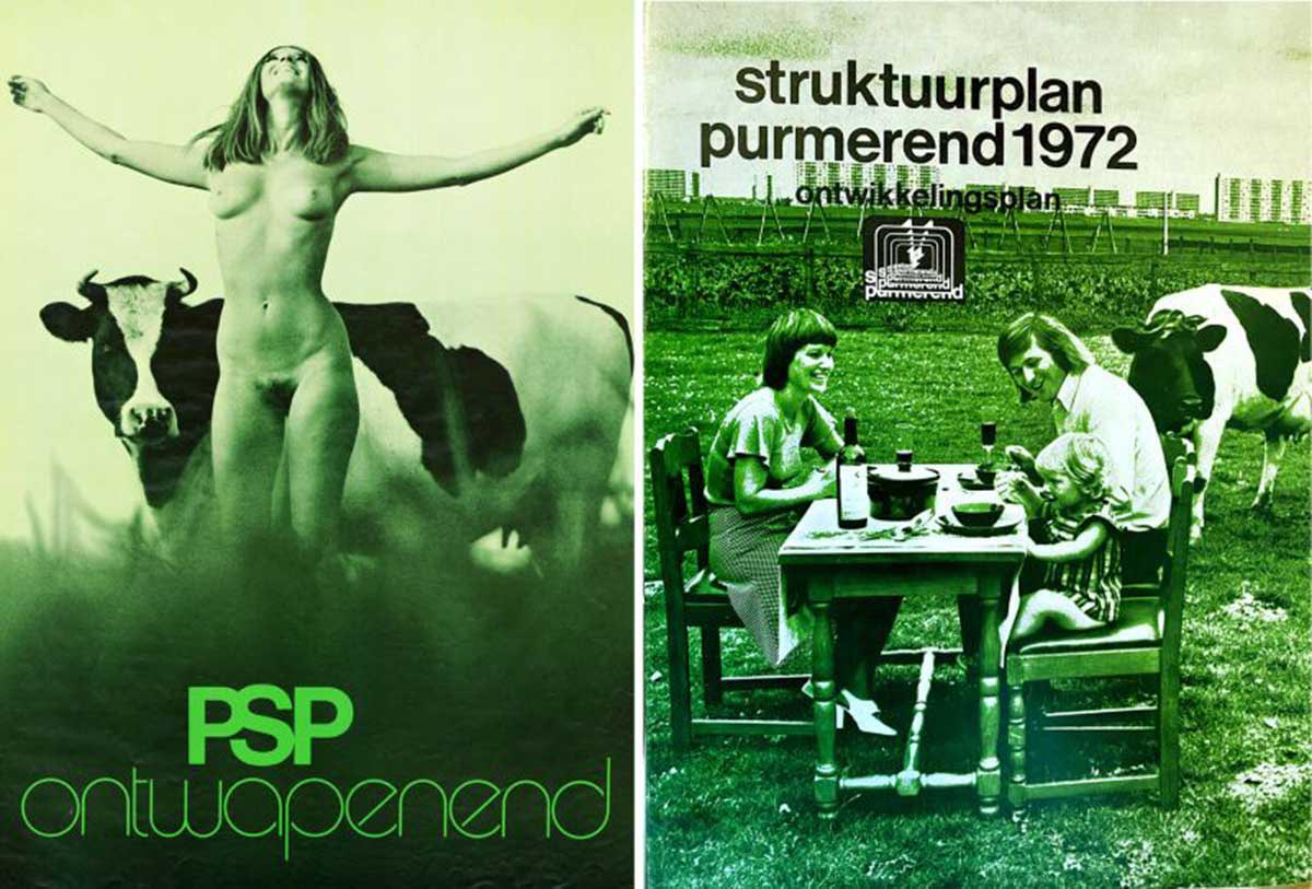 Affiche van de Pacifistisch Socialistische Partij uit 1971 en de omslag van het structuurplan Purmerend uit 1972